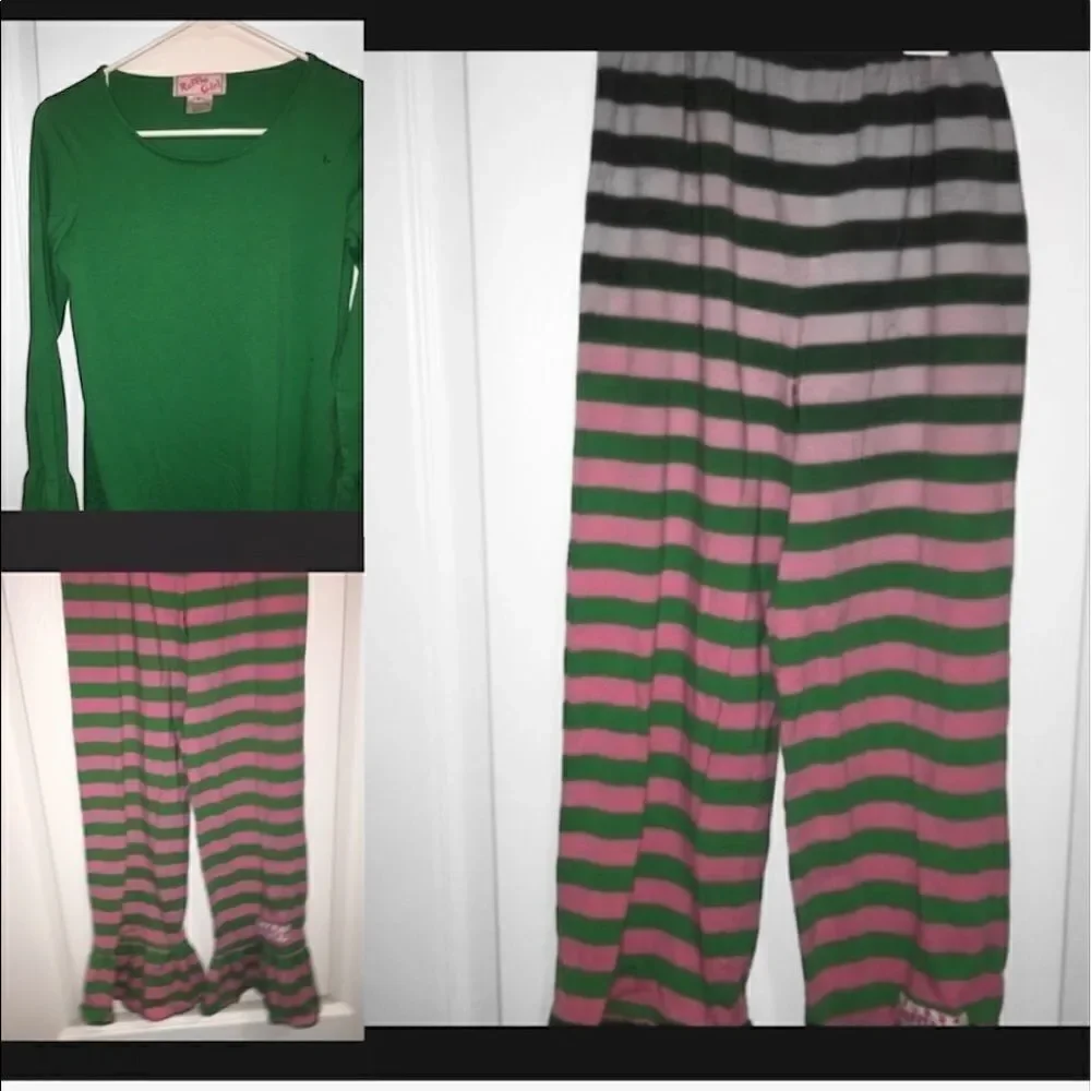 Ruffle girl outfit size 14 pants and top green